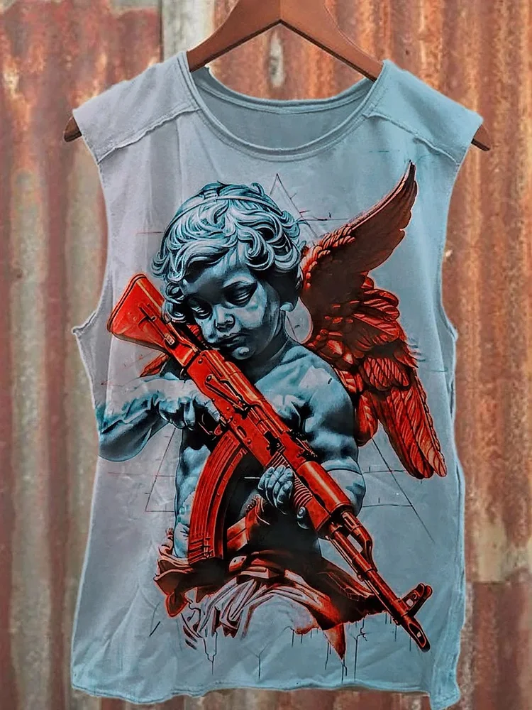 Teecade Teecade Vintage Black Angel Art Print Tank Top