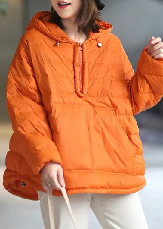 Orange Hooded Zippered Pockets Winter Duck Down Long Sleeve Down Jacket