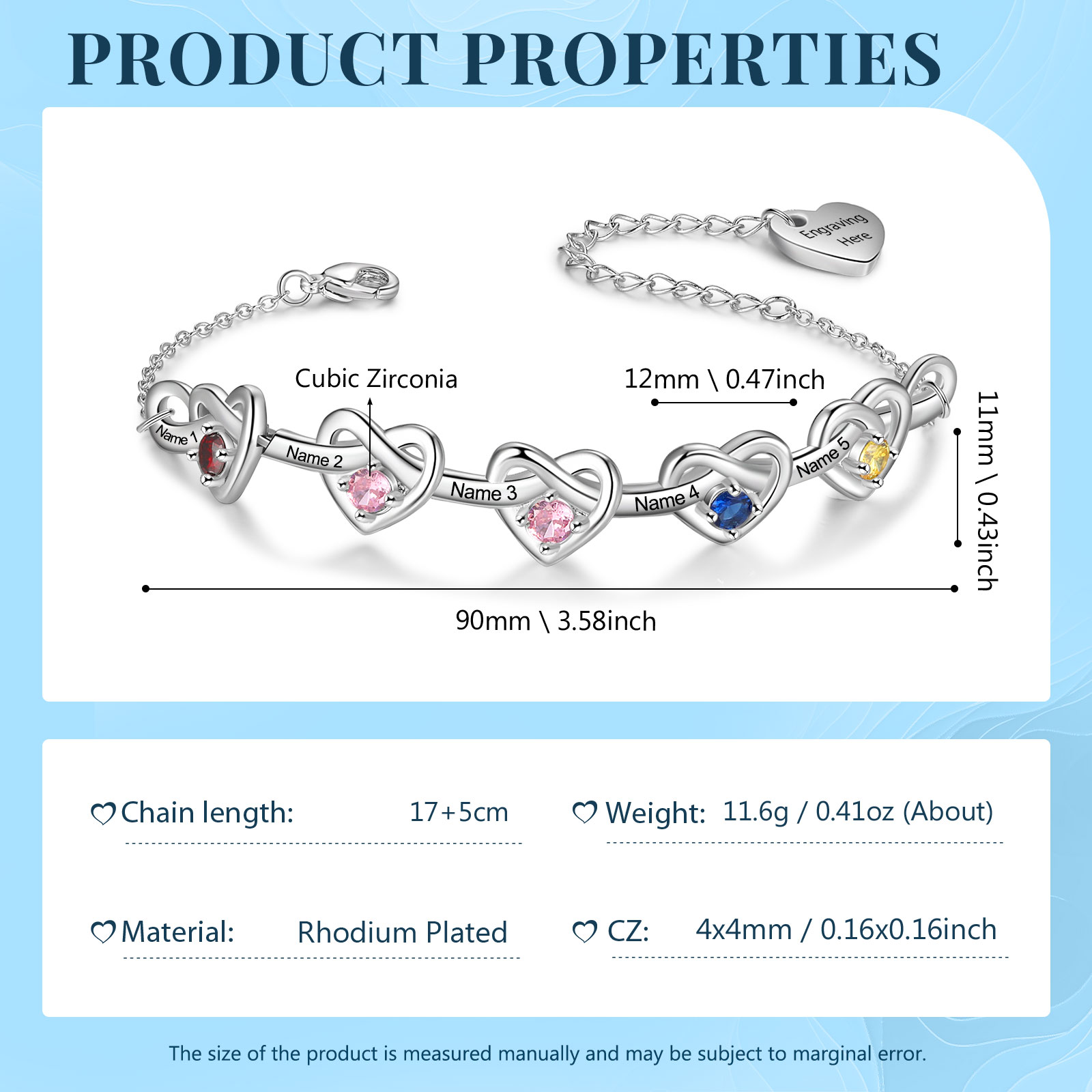 5 Names - Personalized Linked Heart Bracelet Custom 5 Birthstones Engraved Text Bracelets- Mother's Day Gift for Mom/Grandma