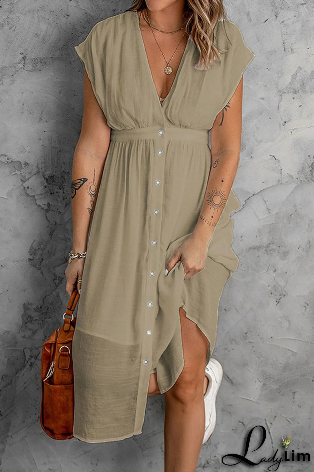 Khaki Casual Solid Split Joint V Neck Straight Dresses