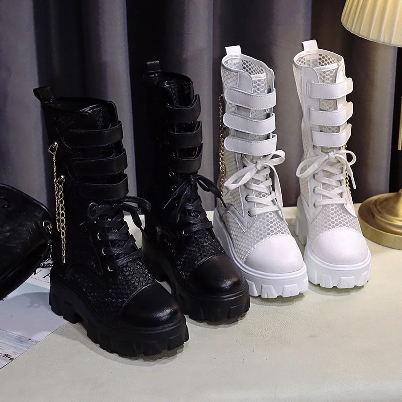 Chunky Platform Motorcycle Boots Women 2022 Summer Breathable Air Mesh Mid Calf Boots Woman Punk Height Increasing Shoes