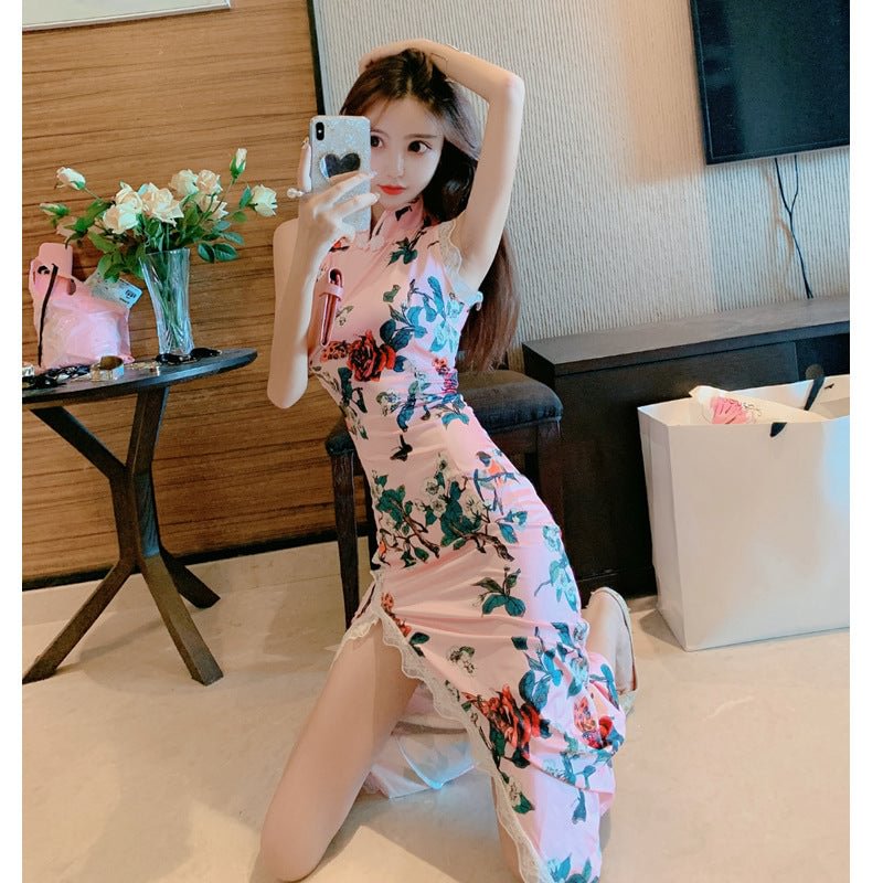 Sexy Nightclub Floral Mid-length Split Cheongsam Dress