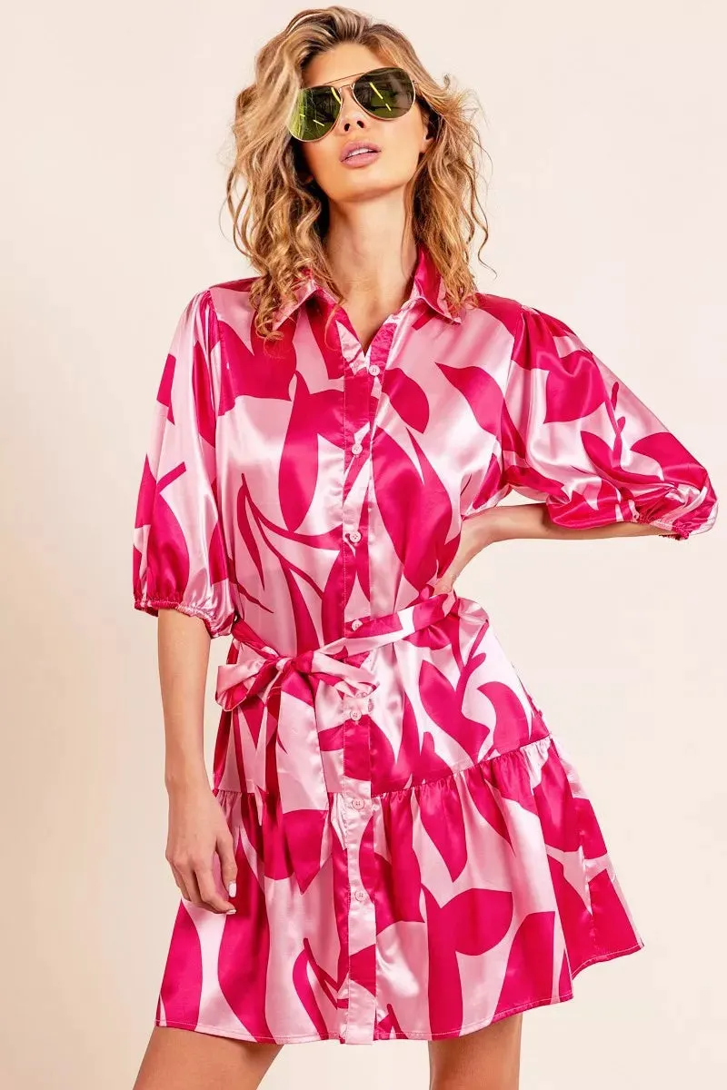 BiBi Leaf Pattern Collared Satin Dress mysite idetrend