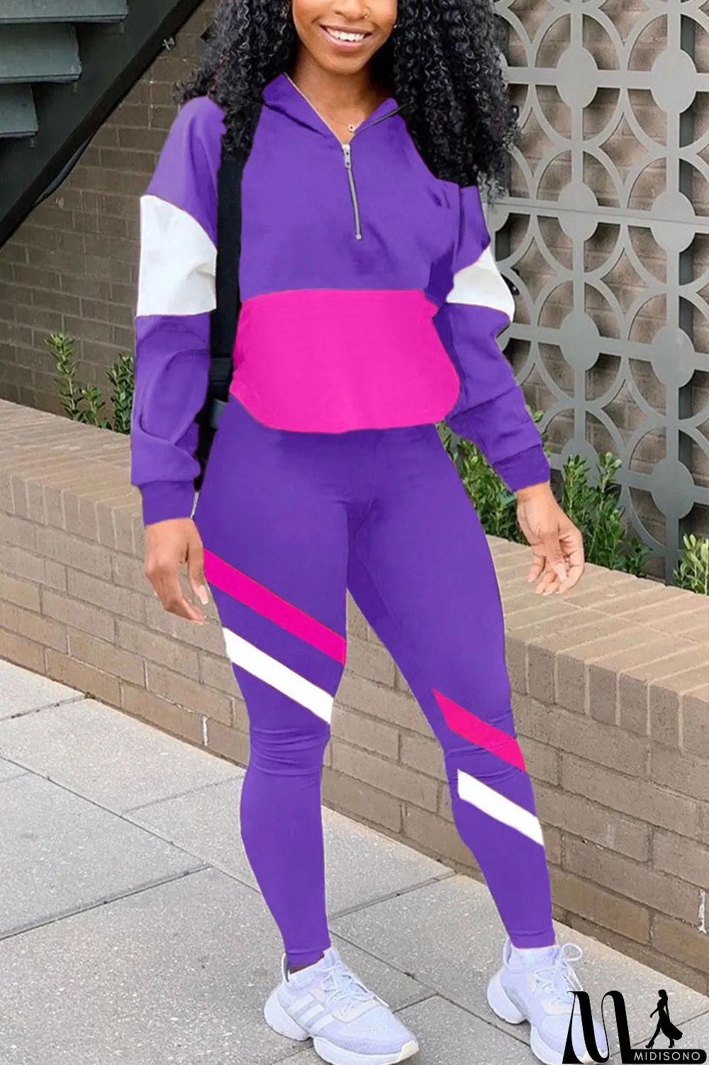 MidiSono - Fluorescent green Casual Striped Print Zippered Split Joint Mandarin Collar Long Sleeve Two Pieces