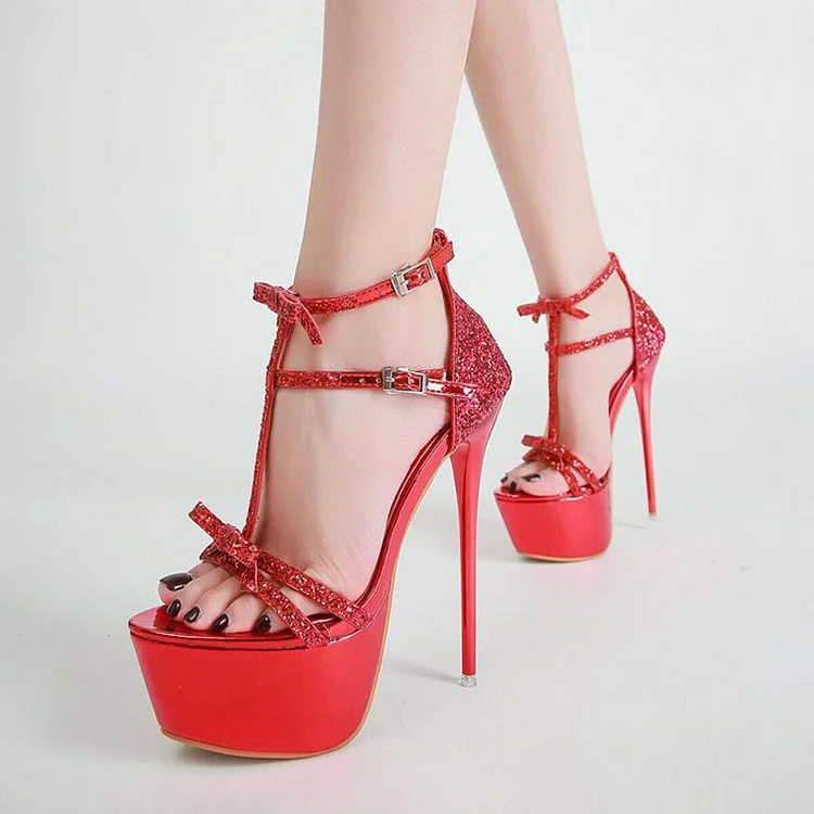 Red Platform Bow Heels Elegant Rhinestone Stiletto Sandal Party Shoes |FSJ Shoes