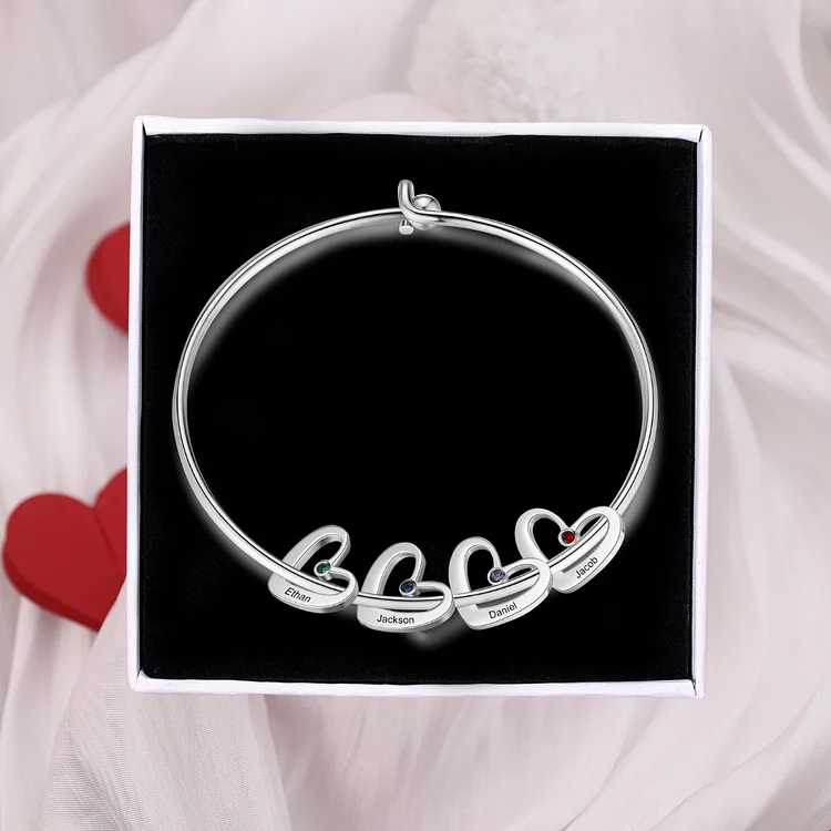 4 Names-Personalized Heart Bangle With 4 Names and Birthstones Bangle Bracelet Gifts For women