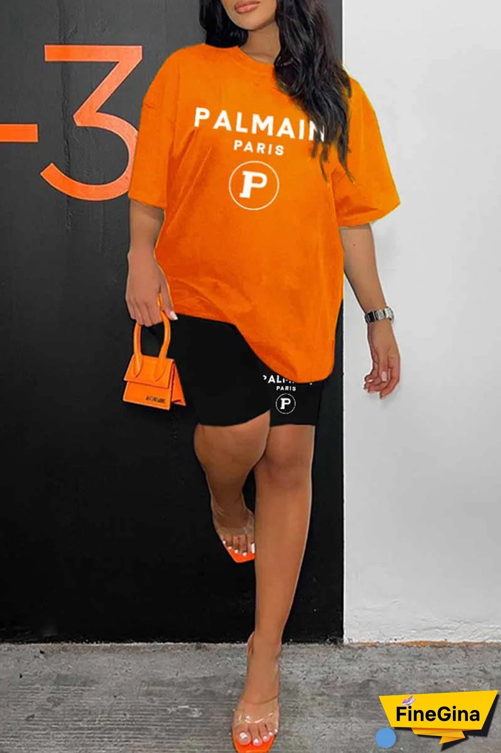 Blue Casual Print Letter O Neck Short Sleeve Two Pieces