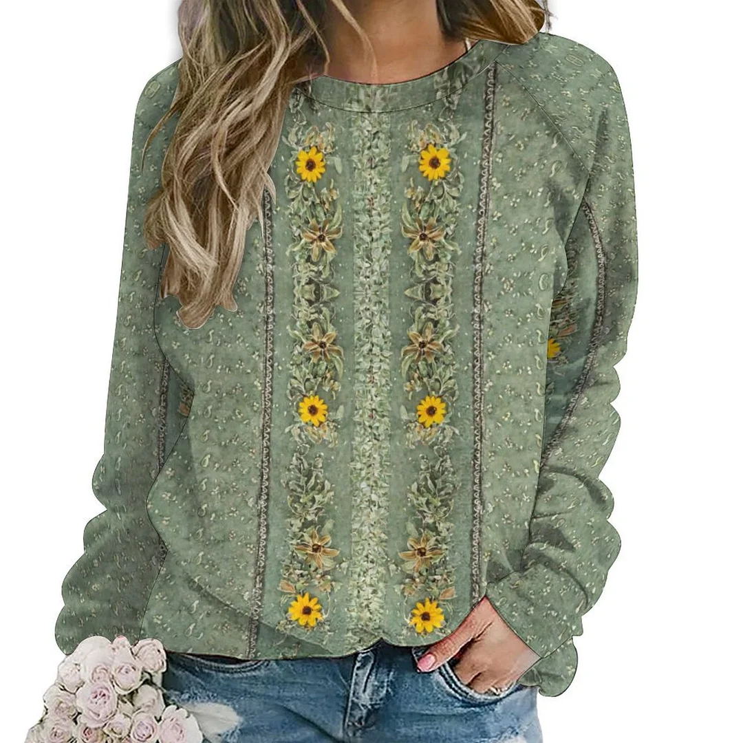 Printed Long Sleeve Casual Sweatshirt for  Women and Men Unisex Pattern Green, Floral, Vintage