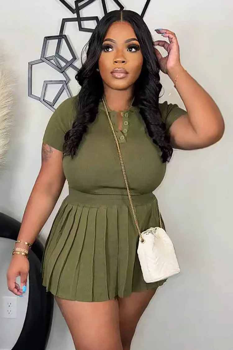 Short Sleeve Polo Shirt Solid Color Pleated Mini Skirt 2pcs Set-Green