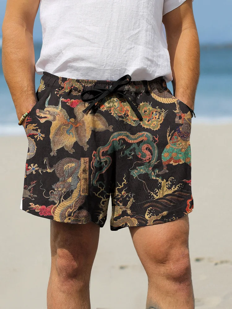 Men's Japanese Art Dragon Print Casual Shorts