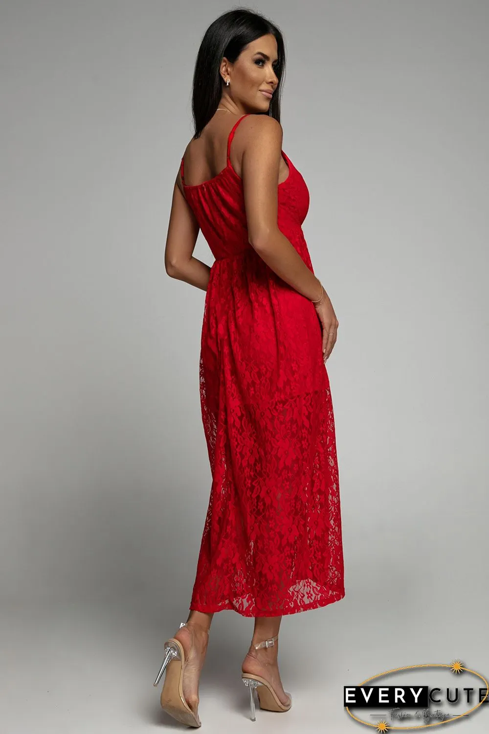 Red Lace V Neck Wrap Spaghetti Straps Maxi Dress