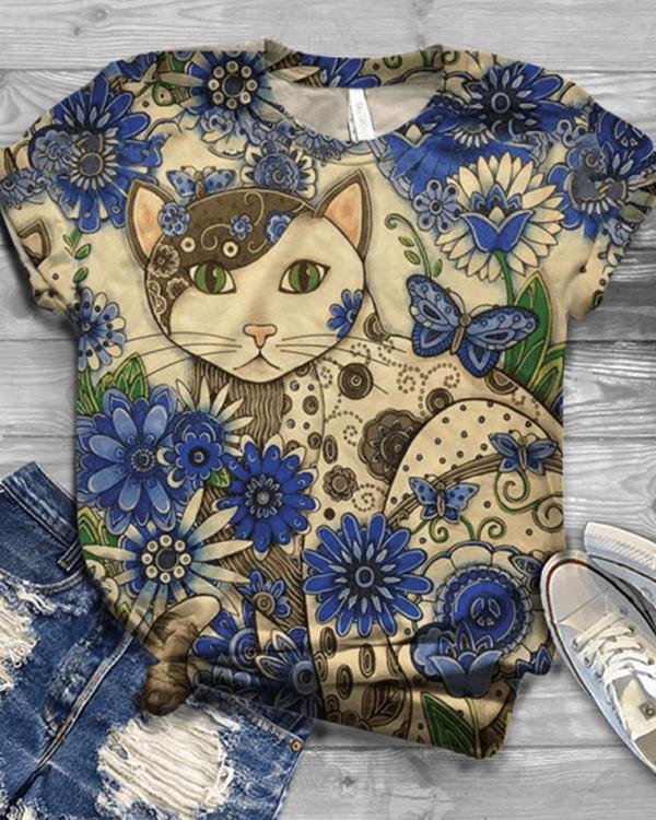 Cat Pattern Round Neck Shirts & Tops - Chicaggo