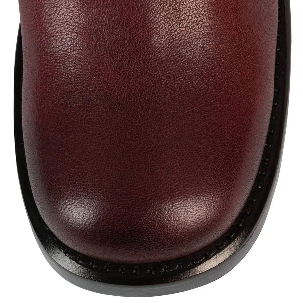 Maroon Hardware Strap Round Toe Block Heel Women's Motorcycle Boots