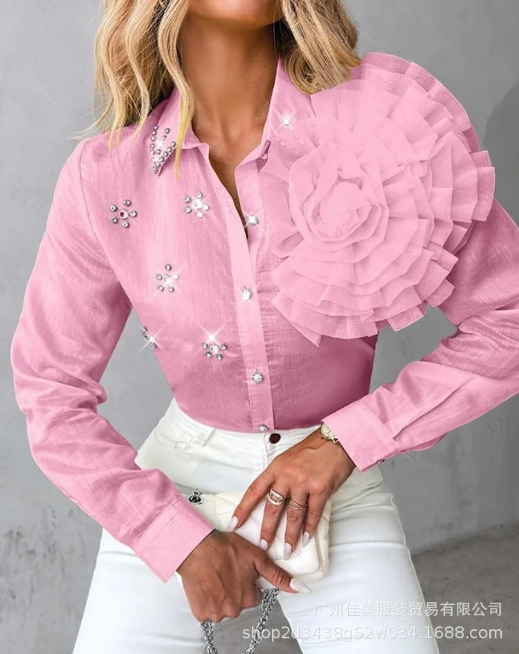 Ueong Style Spring And Autumn Women's Dress Three-Dimensional Flower Perspective Drill Shirt