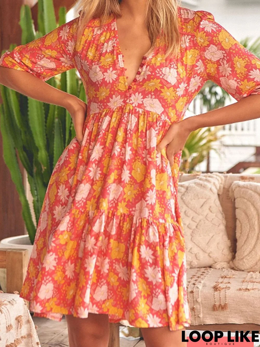 Vacation Floral Printed Buckle Dress