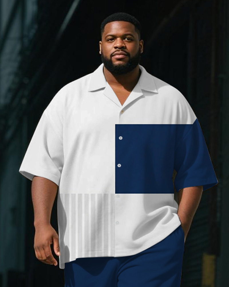 Men's Plus Size Casual Business Blue Geometric Stripe Alphabet Print Shirt Shorts Suit