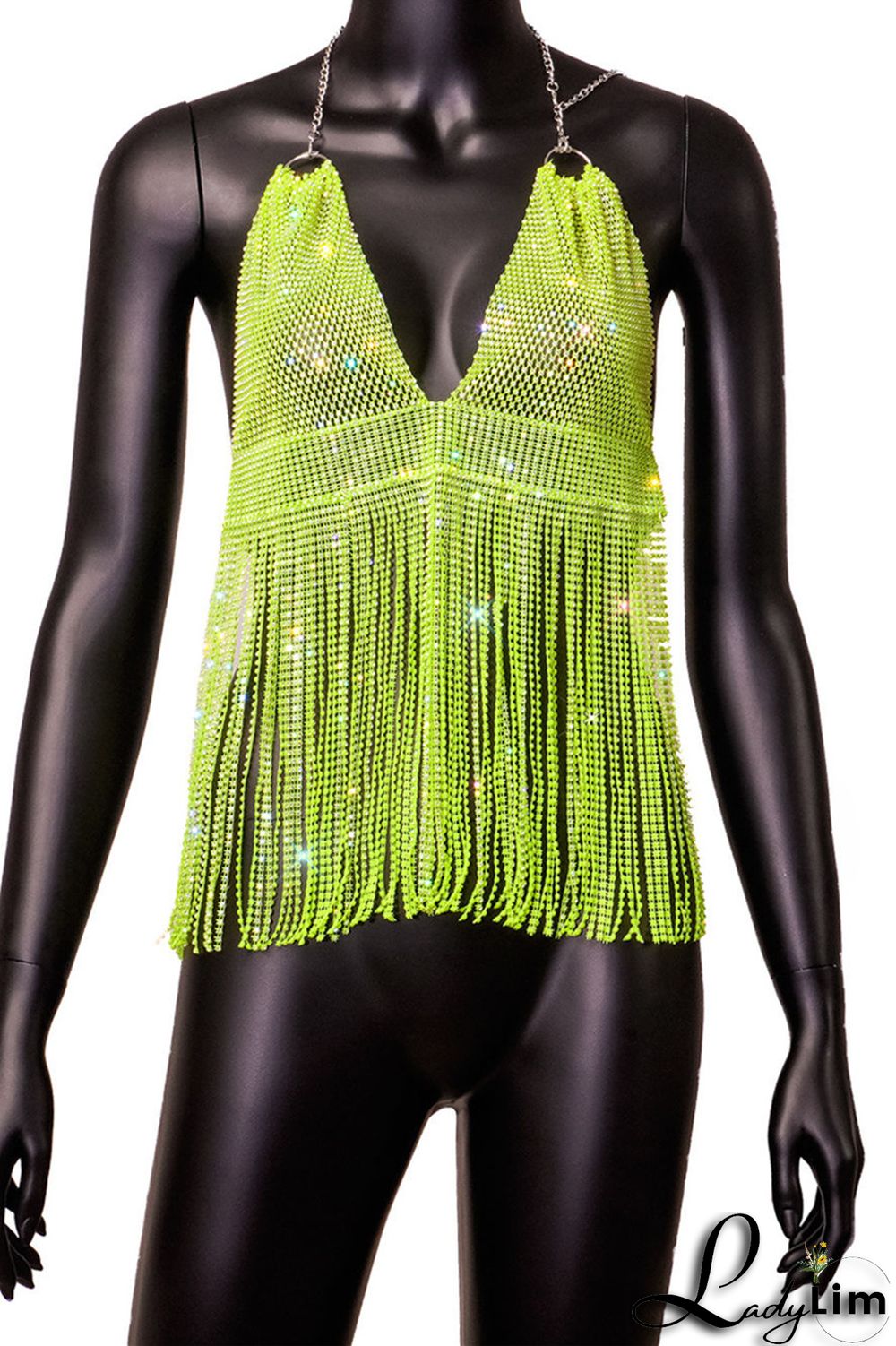 Pink Fashion Sexy Patchwork Tassel Backless Halter Tops