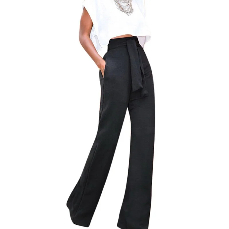 CUHAKCI Bandage Waist Casual Black Wide Leg Pant Women Womens Autumn Elegant Fashion Female Red Flare Trousers