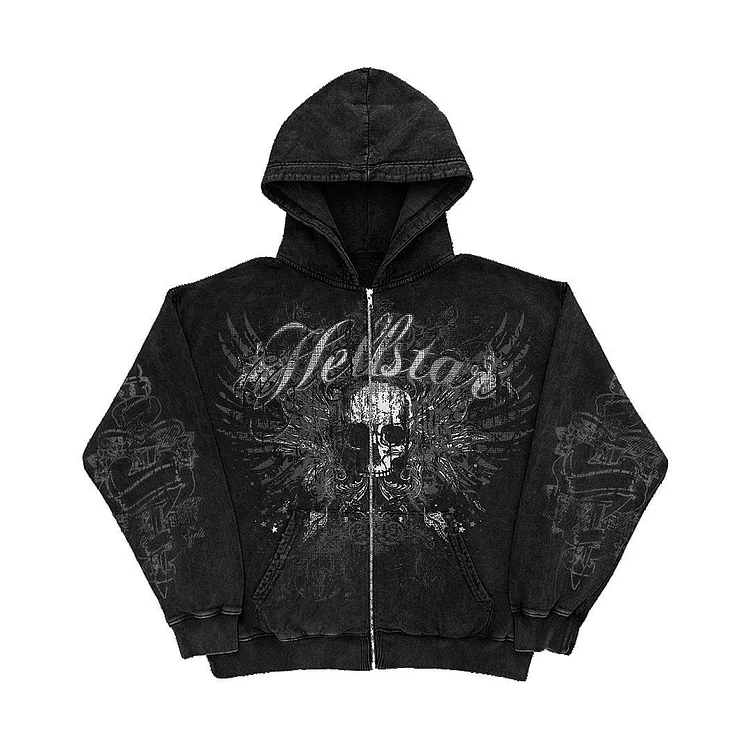 Y2k Gothic Skull Print Zip Up Hoodie Loose Sweatshirt Coat Top at Hiphopee