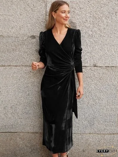 Surplice Puff Sleeve Midi Dress
