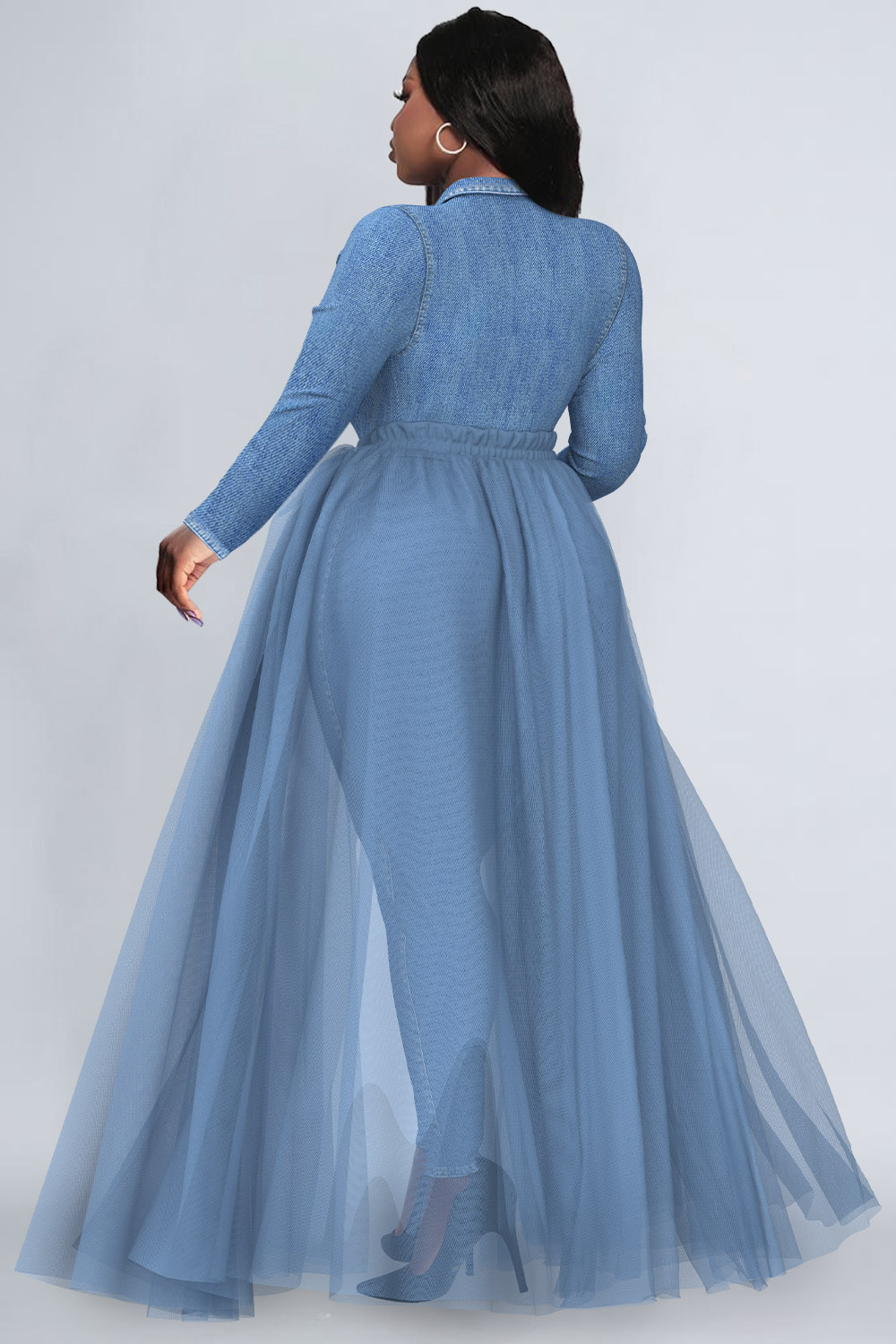 Design Plus Size Semi Formal Light Blue Turndown Collar Long Sleeve Contrast Denim Tulle Jumpsuits [Pre-Order]