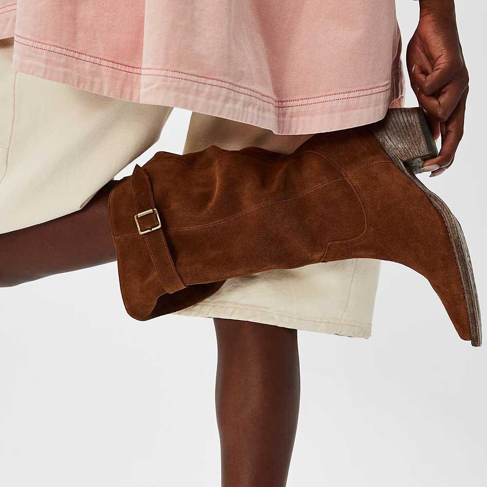 Brown Buckle Strap Pointed Toe Chunky Heel Mid-Calf Slouch Boots Nicepairs