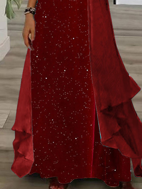 Women's Long Sleeve V-neck Polka Dot Printed Two Pieces Maxi Dress