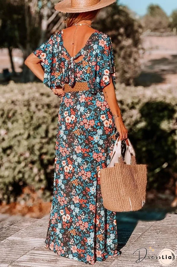 Sky Blue Boho Floral Print Knotted Backless Maxi Dress