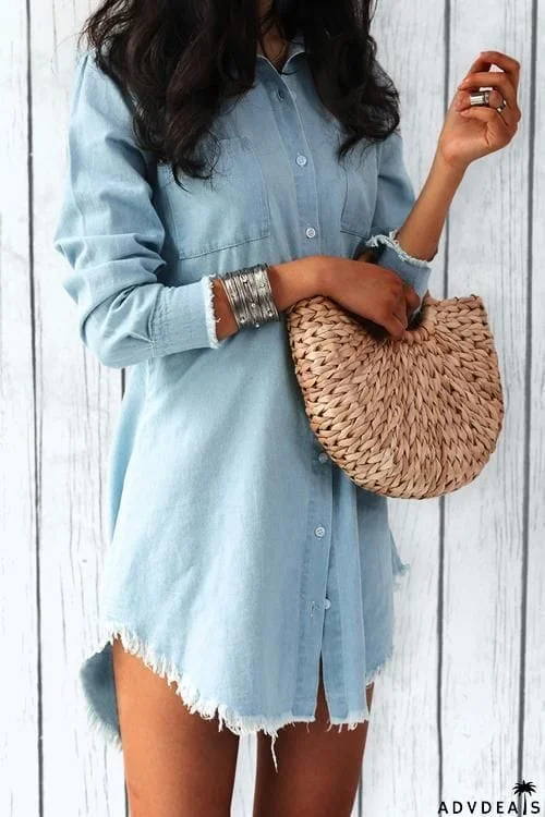 Pocket Long Sleeve Denim Mini Dress