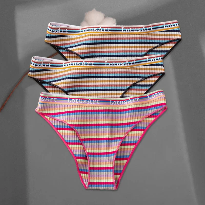 FINETOO 3Pcs/set Colorful Stripes Panties Women's Cotton Briefs M-XL Low-Rise Rainbow Underwear Ladies Underpants Girls Panties