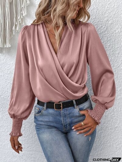 Surplice Smocked Lantern Sleeve Blouse