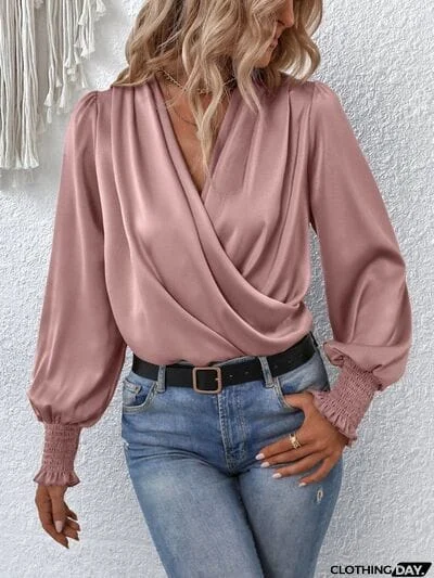 Surplice Smocked Lantern Sleeve Blouse
