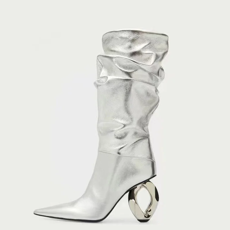 Women's Ins Fashion Boots Pleated Style Pointed Toe Special-Shaped Heel Mid-Tube Knee High Boots Novameme