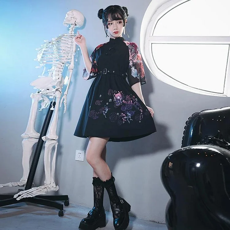 JK Skull Print A-line Belt Dress