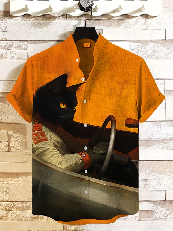 Men's Cool Black Cat Racer Art Print Casual Shirt