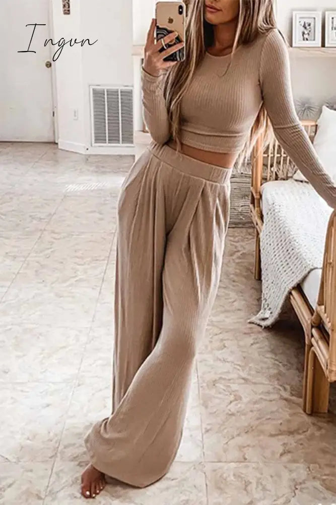 Ingvn - Round Neck Long Sleeves Wide Legs Two-Piece(4 Colors) S / Apricot Jumpsuits