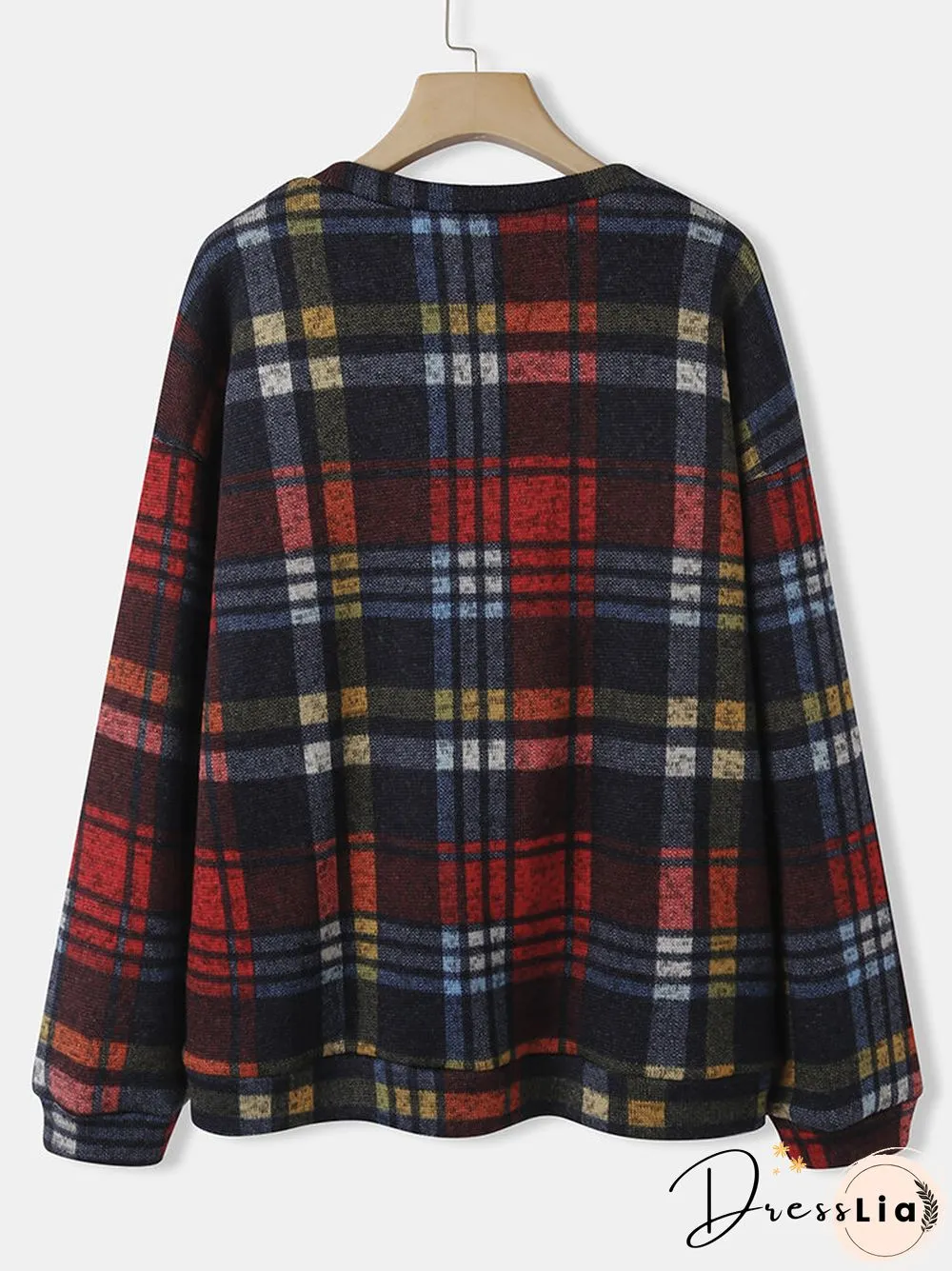 Color Plaid Print Long Sleeves O-neck Button Casual Coat For Women