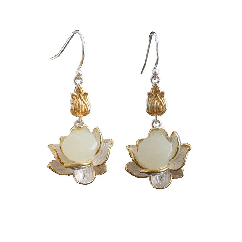 White Jade Lotus Harmony Protection Drop Earrings