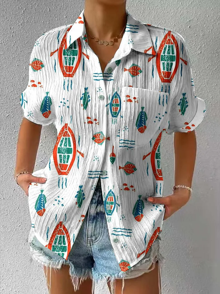 Womens Artistic Geometric Color Block Pattern Short-Sleeved Textured Shirt