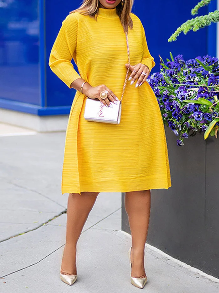 Long Sleeve Solid Pleated Midi Dress