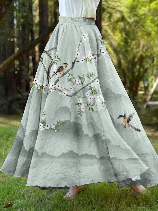 Comstylish Vintage Flower And Bird Print A-Hem Skirt