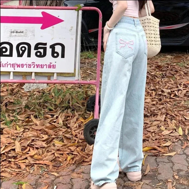 Toloer Denim Pink Pocket Bow Embroidery Jeans-Outfit Ideas