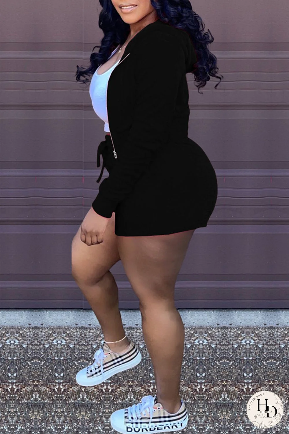 Black Fashion Casual Solid Cardigan Hooded Collar Long Sleeve Two Pieces (Without Vest)