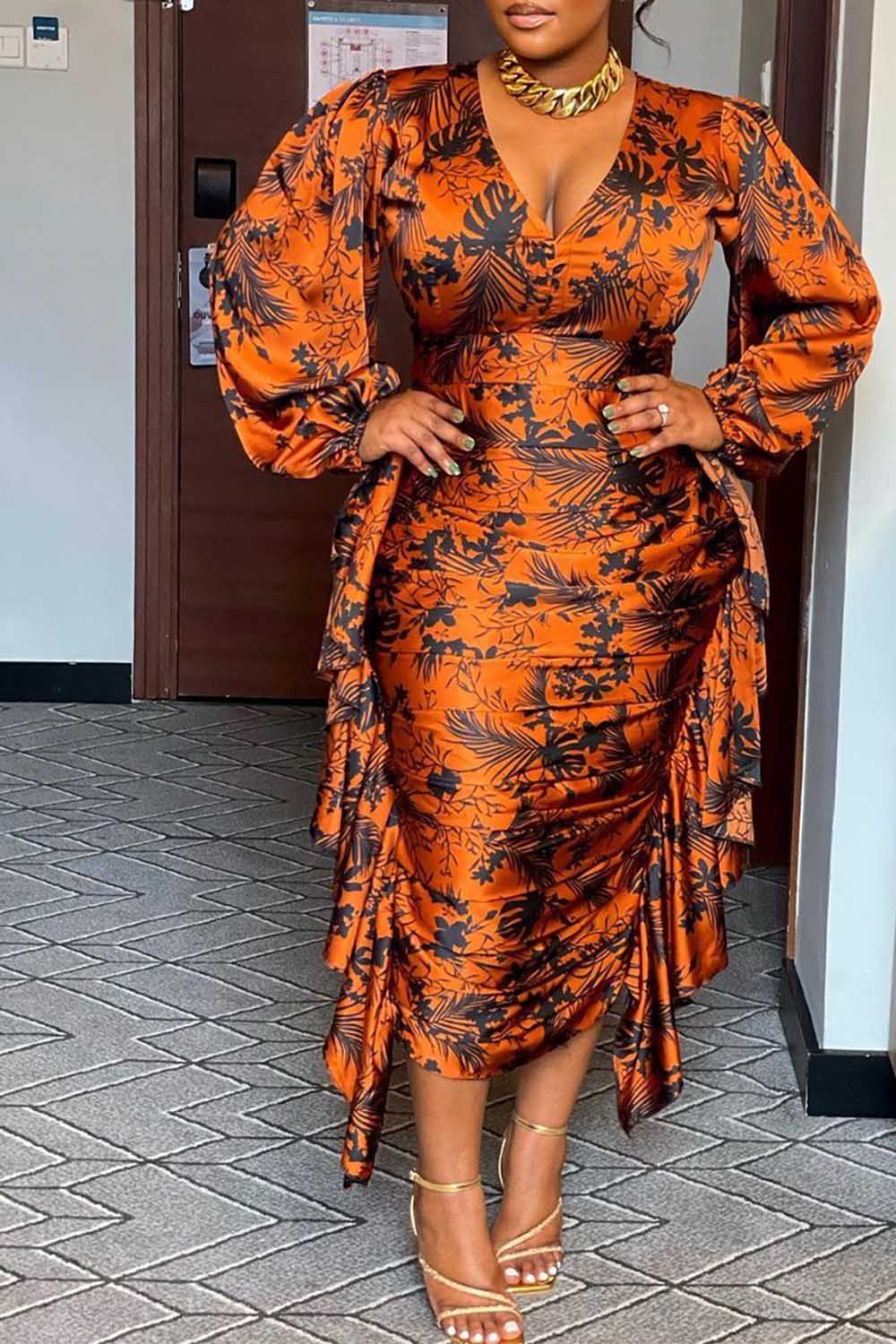 Plus Size Cocktail Party Dress Orange Floral Print Puffy Sleeves Ruffles Ankara Midi Dress