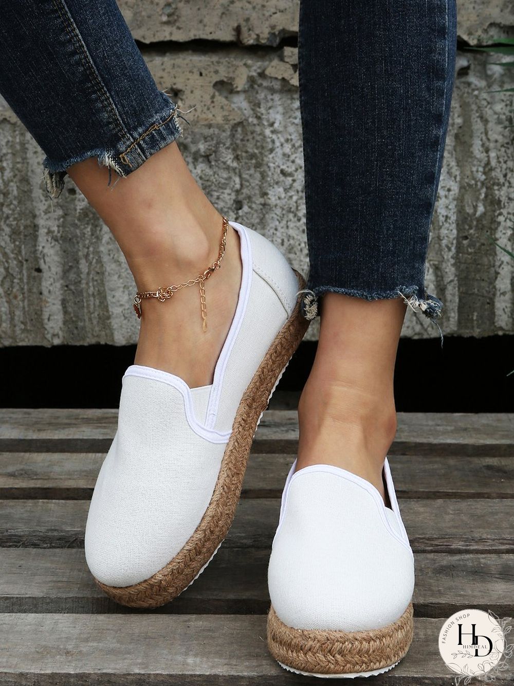 Black White Canvas Straw Platform Loafers
