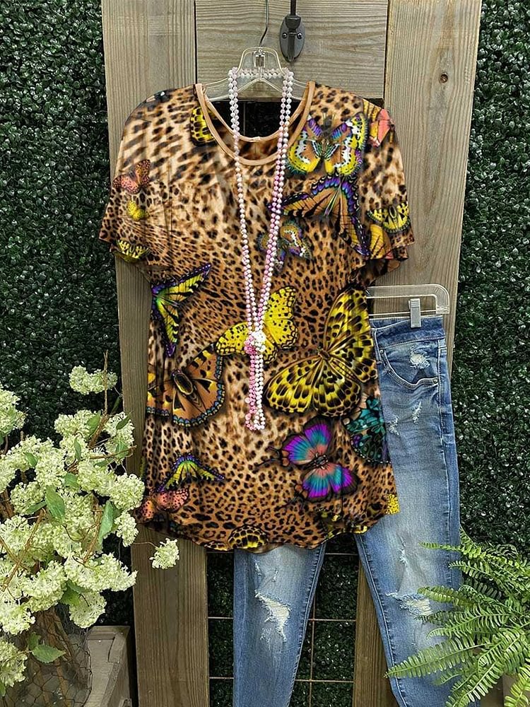 Women's Butterfly And Leopard Print Short Sleeve T-shirt