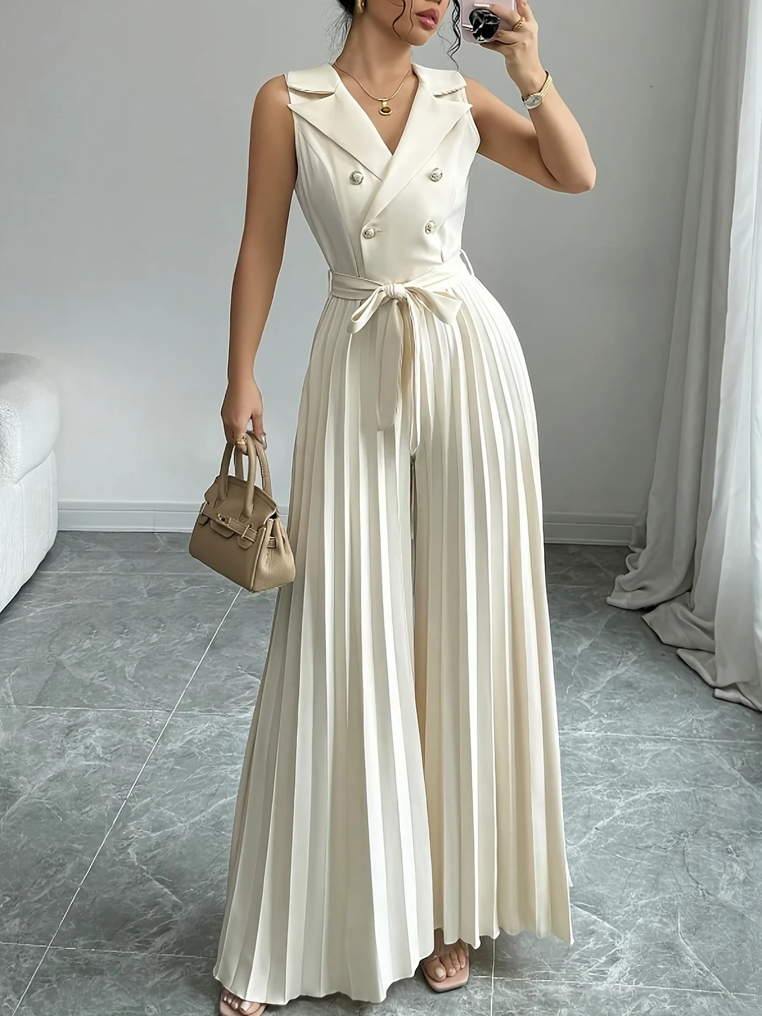 Women's Chic V-Neck Double-Breasted High-Rise Vest Jumpsuit - Beige Wide-Leg Pants, Formal & Casual Outfits - Machine Washable Non-Stretch Office To Party Jumpsuit, Ladies Rompers And Jumpsuits, Summer Outfit, Nontransparent Fabric | IFYHOME