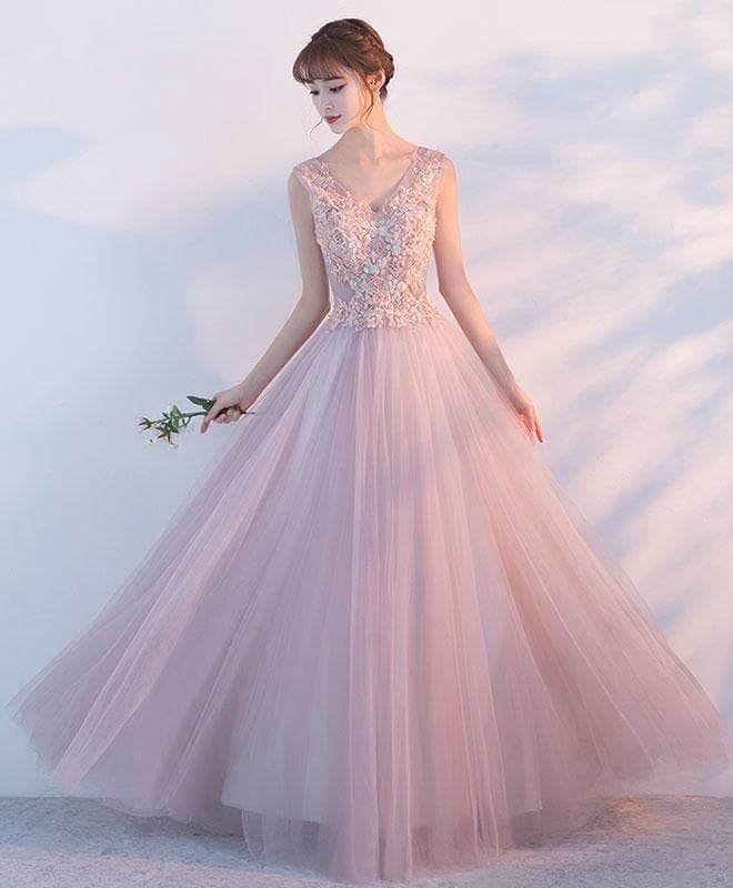 Elegant Pink Tulle Lace Long Prom Dress, Pink Evening Dress