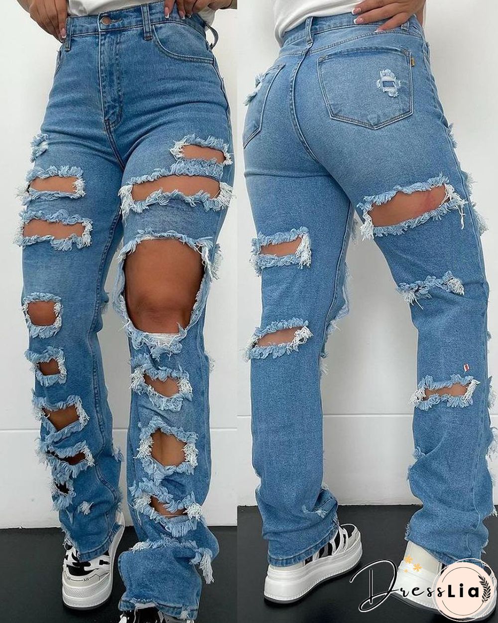 Ripped Cutout Fringe Hem Denim Pants