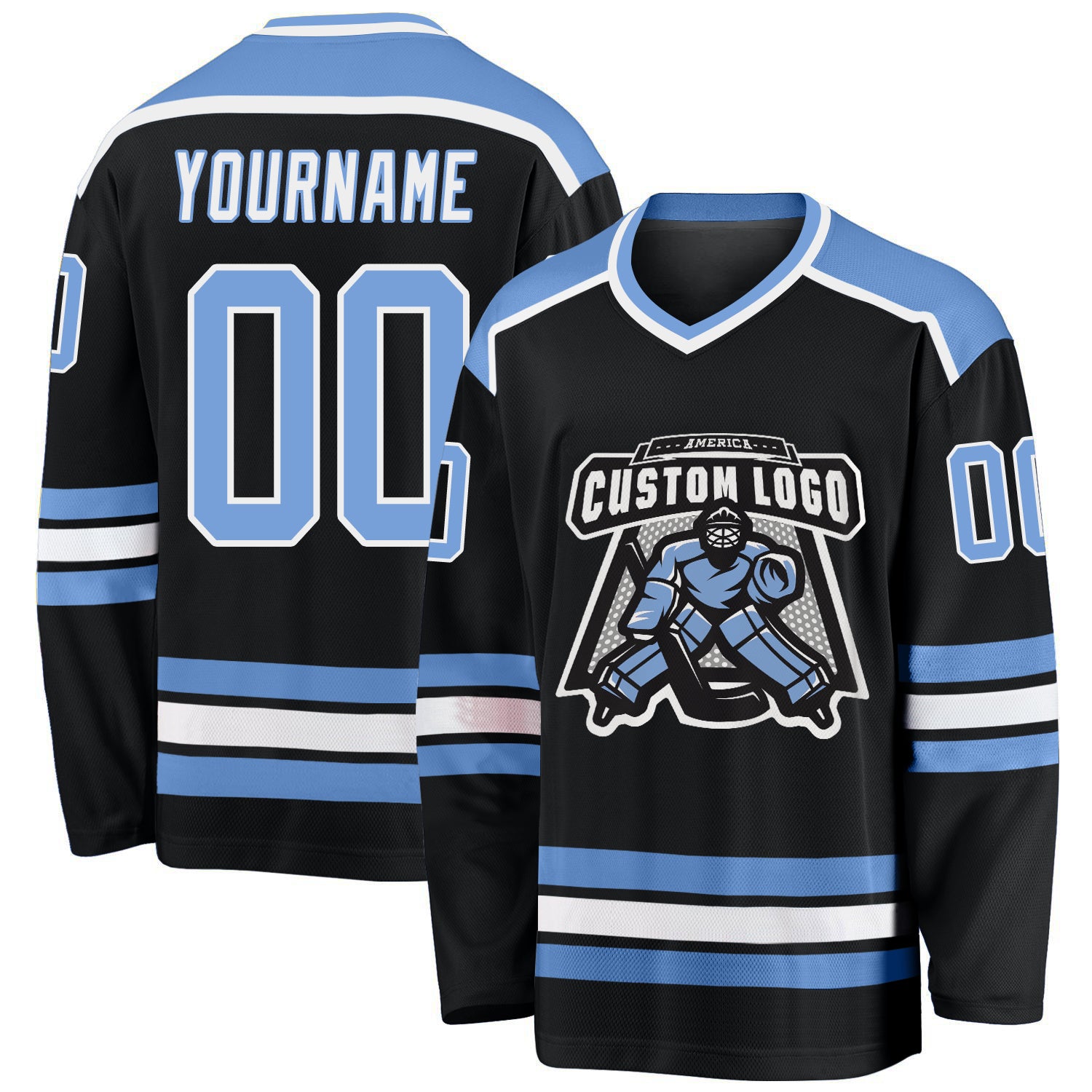 Custom Black Light Blue-White Hockey Jersey | captainssportss.com
